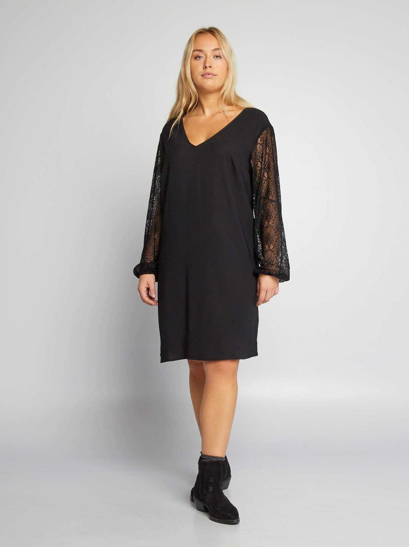 Vestido corto con mangas y parte trasera de encaje NEGRO - Kiabi