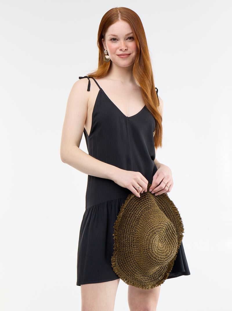 Vestido corto con tirantes finos y bajo con volante Negro - Kiabi