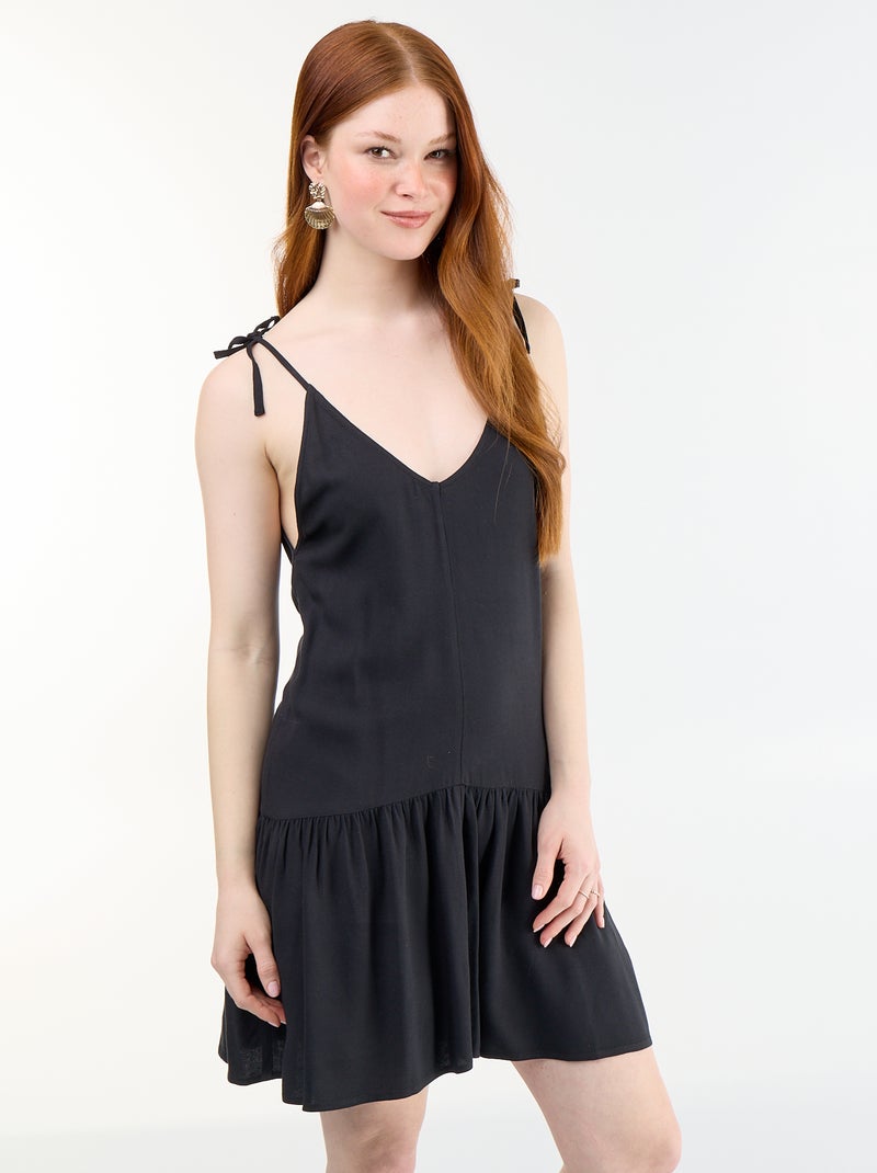 Vestido corto con tirantes finos y bajo con volante Negro - Kiabi