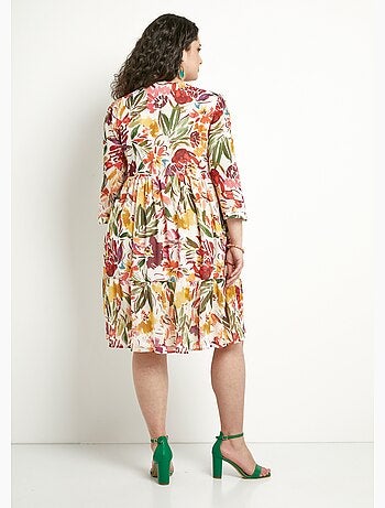 Vestido corto con volantes, escote en pico y velo de flores - Afibel