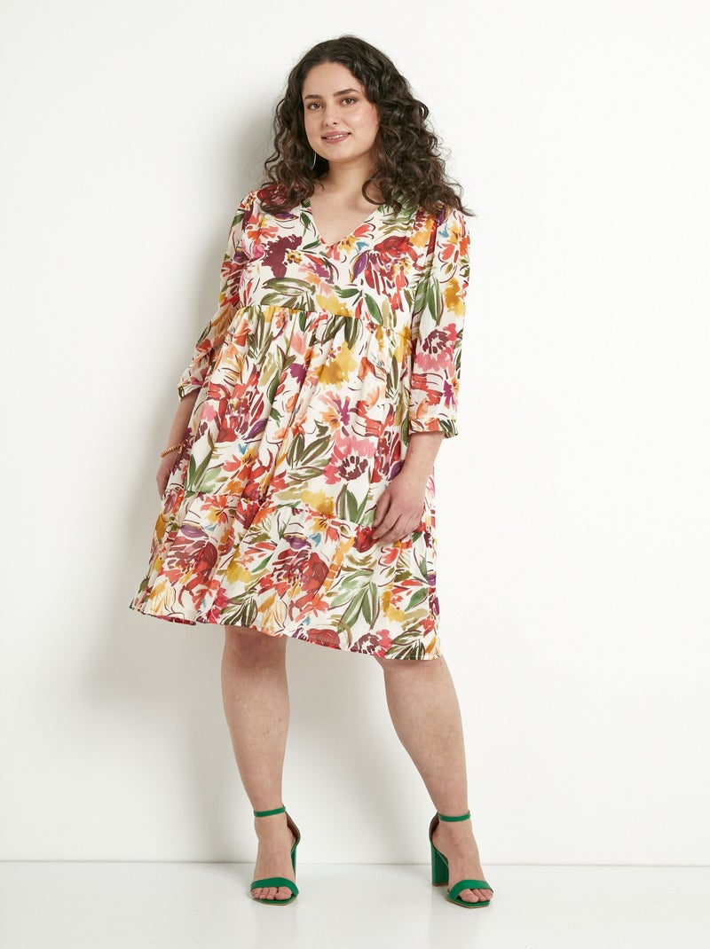 Vestido corto con volantes, escote en pico y velo de flores - Afibel Multicolor - Kiabi
