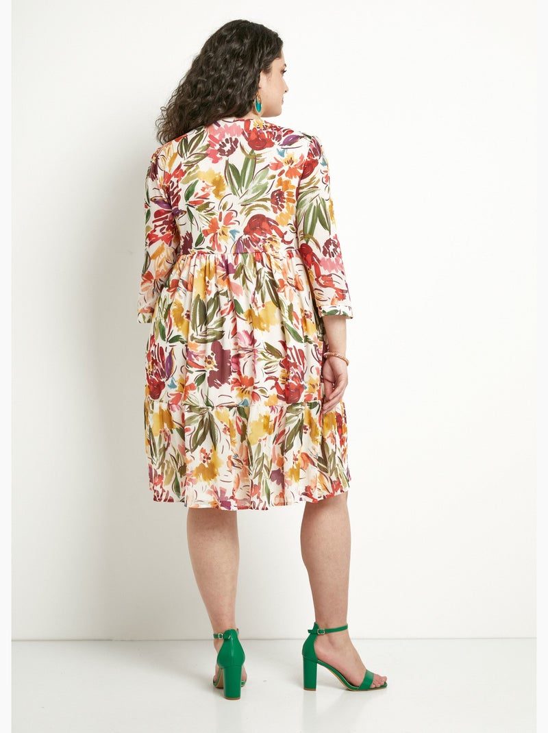 Vestido corto con volantes, escote en pico y velo de flores - Afibel Multicolor - Kiabi