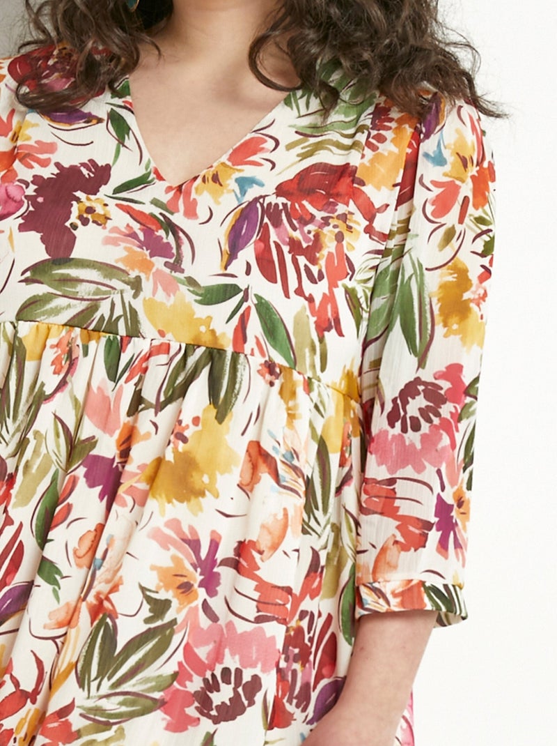 Vestido corto con volantes, escote en pico y velo de flores - Afibel Multicolor - Kiabi