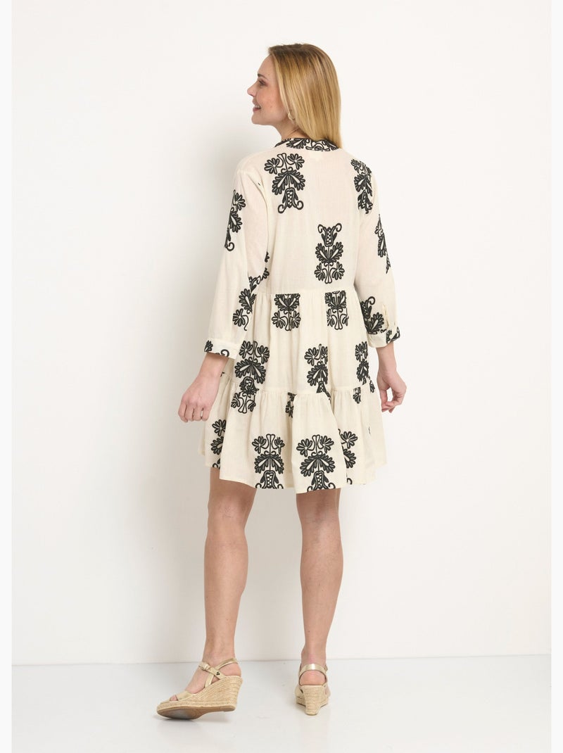 Vestido corto cruzado bordado con volantes - Afibel Crudo - Kiabi