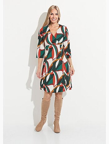 Vestido corto cruzado con estampado gráfico multicolor - Afibel