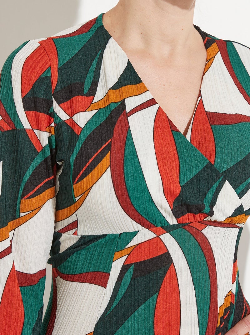 Vestido corto cruzado con estampado gráfico multicolor - Afibel Verde - Kiabi