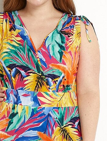 Vestido corto cruzado con estampado tropical - Afibel