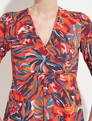 Vestido corto cruzado con mangas 3/4 y estampado floral - Afibel