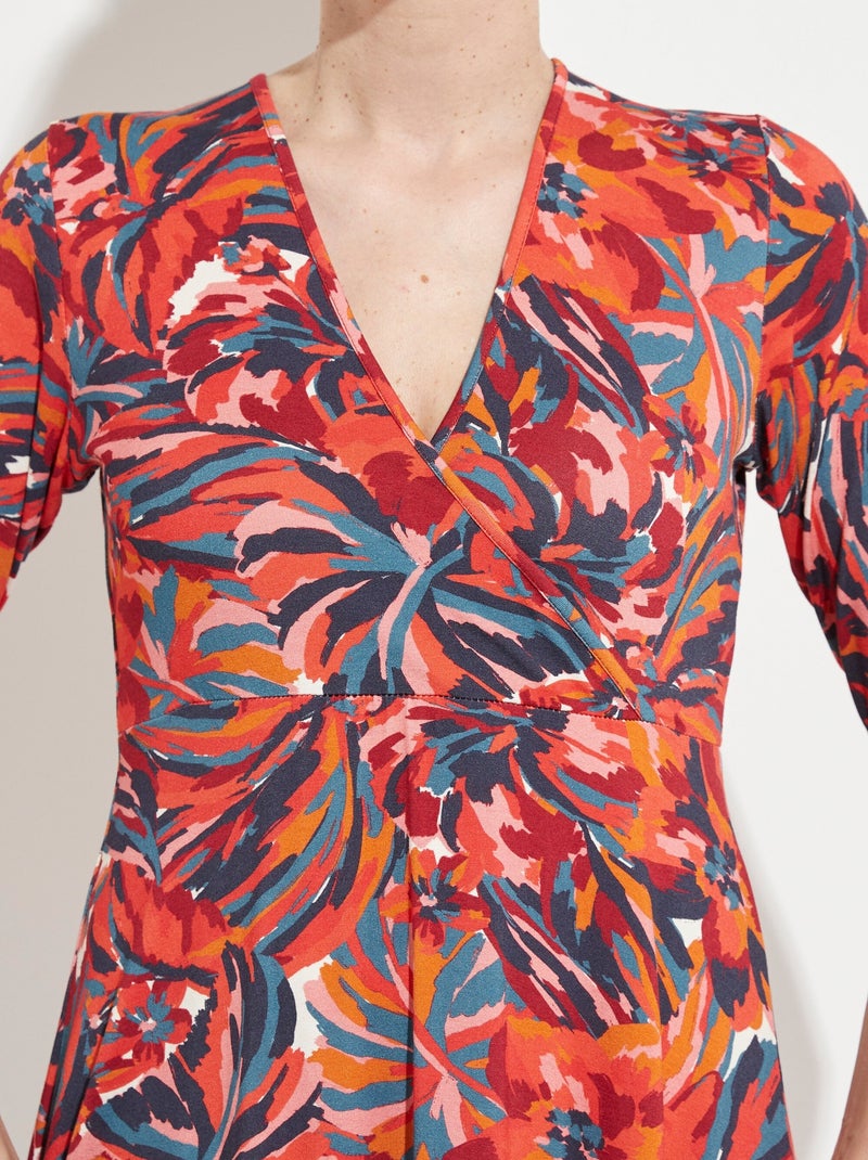 Vestido corto cruzado con mangas 3/4 y estampado floral - Afibel Terracota - Kiabi