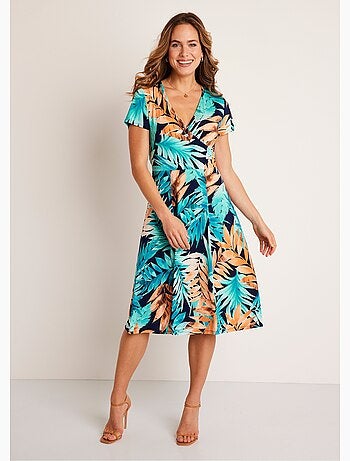 Vestido corto cruzado con motivo vegetal - Afibel