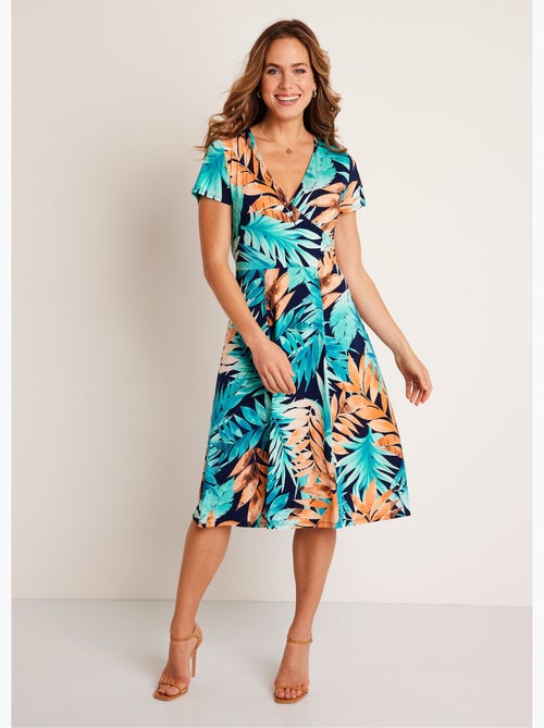 Vestido corto cruzado con motivo vegetal - Afibel - Kiabi