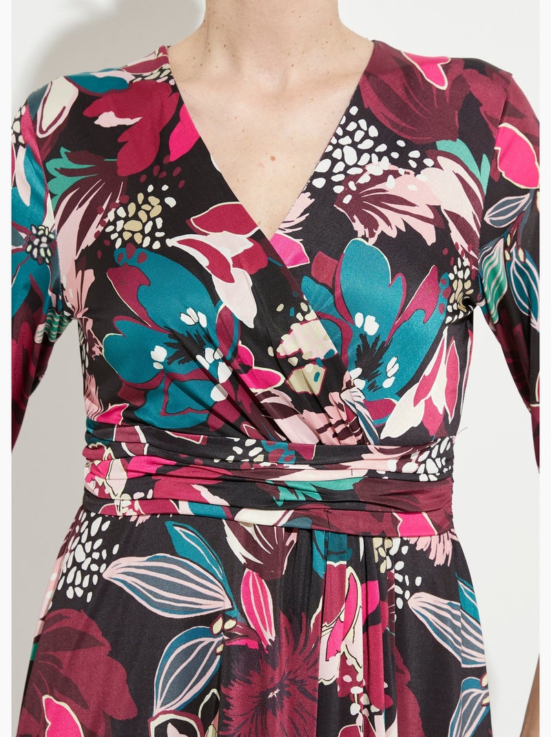 Vestido corto cruzado con vuelo y estampado floral - Afibel Rosa fucsia - Kiabi