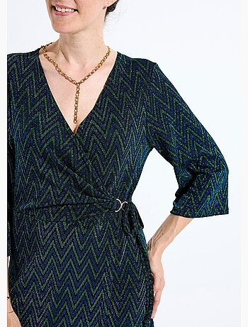 Vestido corto cruzado de punto con estampado brillante - Afibel