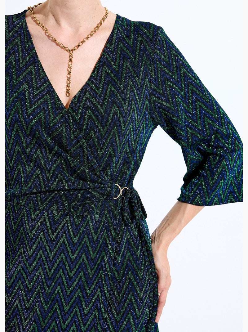 Vestido corto cruzado de punto con estampado brillante - Afibel Azul Verde - Kiabi