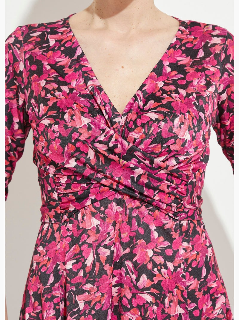 Vestido corto cruzado de punto floral - Afibel Negro Rosa - Kiabi