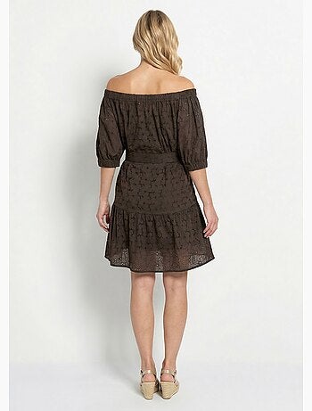 Vestido corto cuello bardot y bordado inglés - Afibel