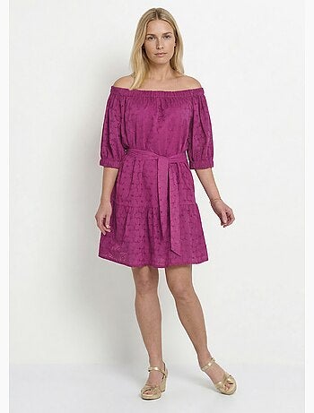 Vestido corto cuello bardot y bordado inglés - Afibel