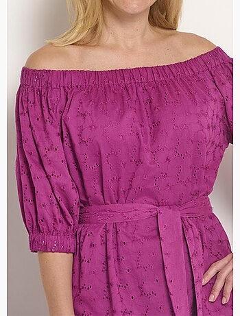Vestido corto cuello bardot y bordado inglés - Afibel