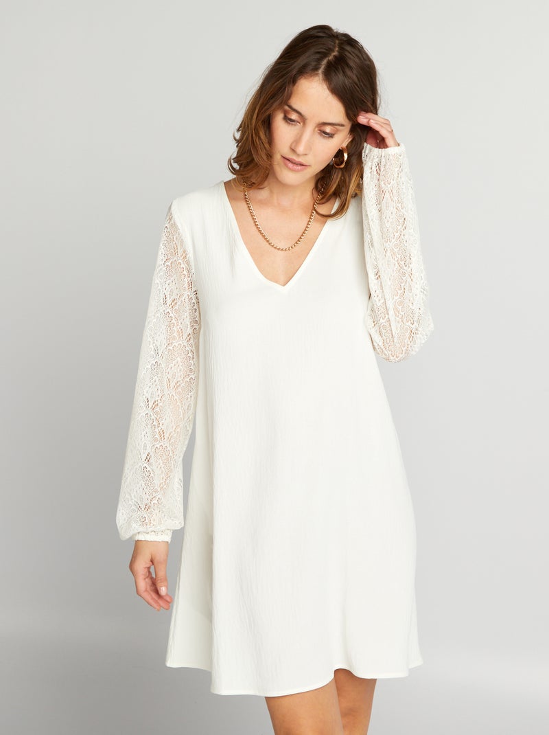 Vestido corto de crepé + encaje BLANCO - Kiabi