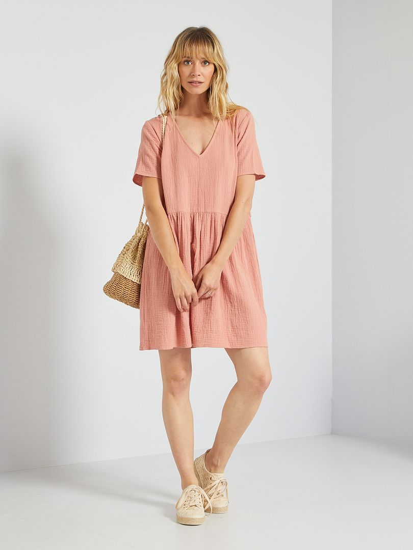 Vestido corto de doble gasa de algodón rosa - Kiabi