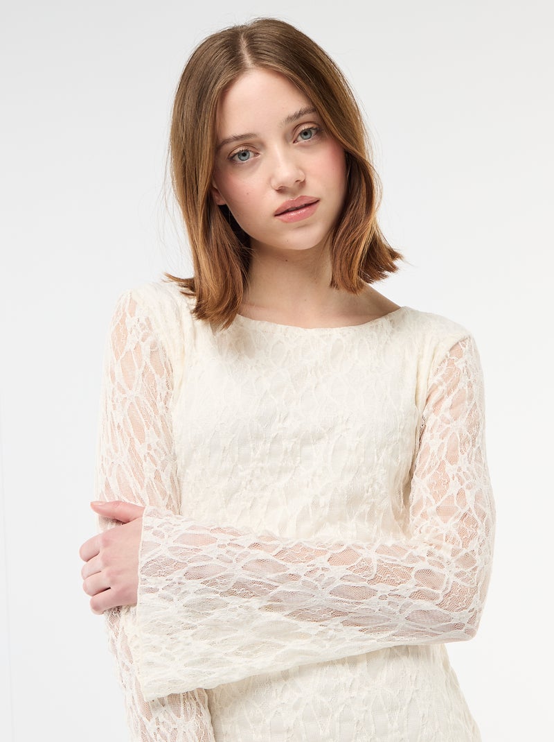 Vestido corto de encaje de manga larga Beige - Kiabi