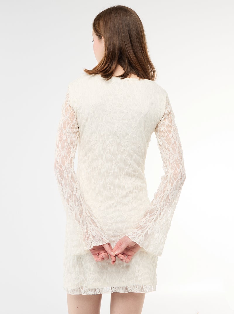 Vestido corto de encaje de manga larga Beige - Kiabi