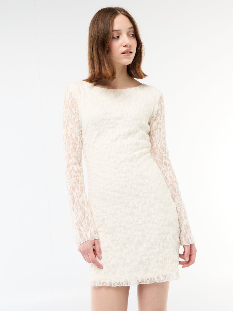 Vestido corto de encaje de manga larga Beige - Kiabi