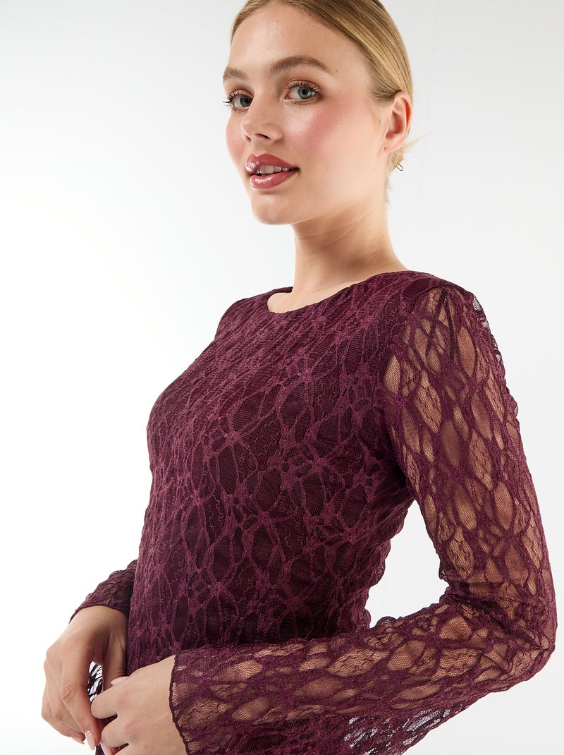 Vestido corto de encaje de manga larga Rojo - Kiabi