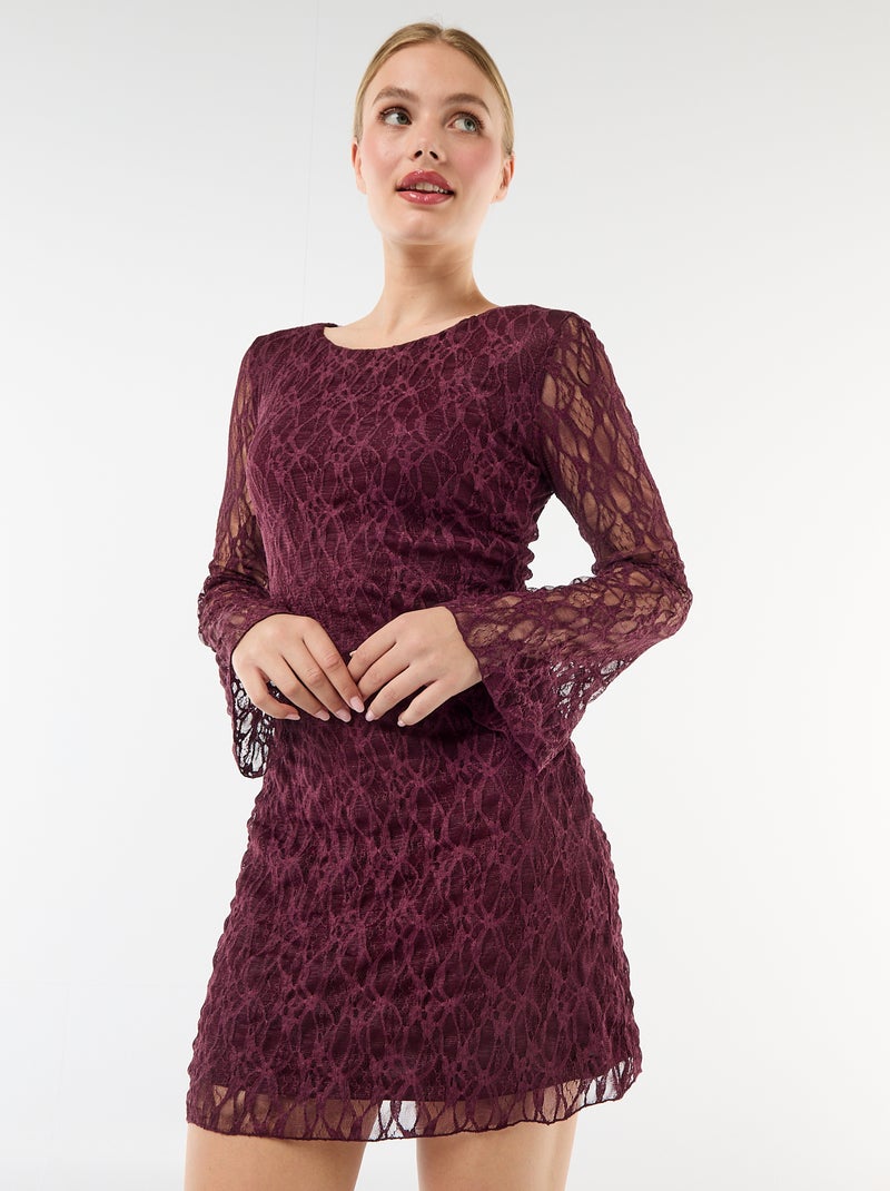 Vestido corto de encaje de manga larga Rojo - Kiabi