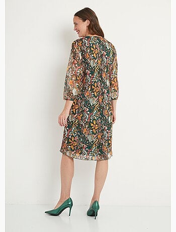 Vestido corto de encaje plisado estampado con escote en V - Afibel