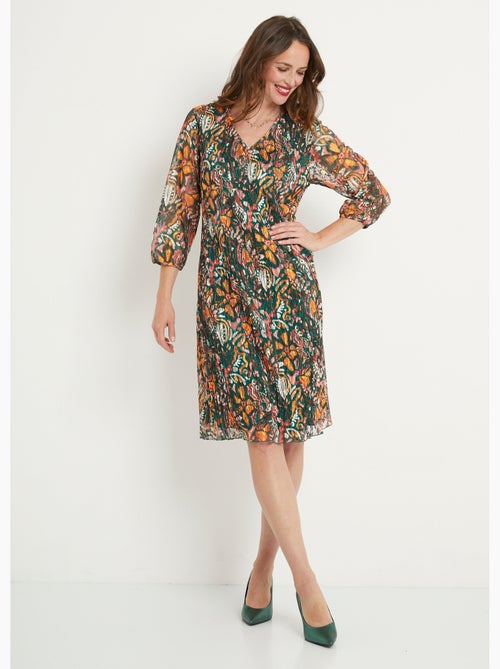 Vestido corto de encaje plisado estampado con escote en V - Afibel - Kiabi