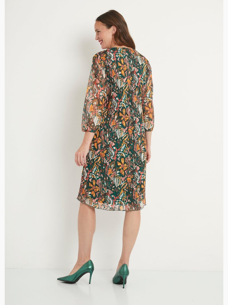 Vestido corto de encaje plisado estampado con escote en V - Afibel Verde - Kiabi