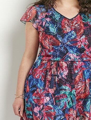 Vestido corto de escote en V con encaje estampado - Afibel