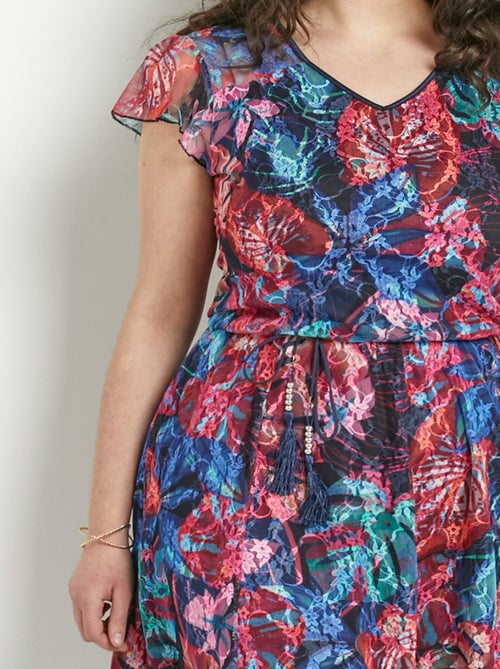 Vestido corto de escote en V con encaje estampado - Afibel - Kiabi