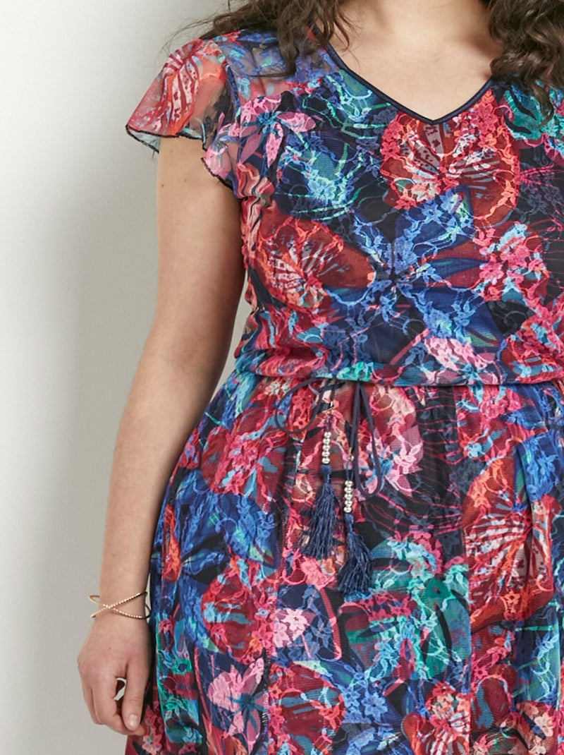 Vestido corto de escote en V con encaje estampado - Afibel Multicolor - Kiabi