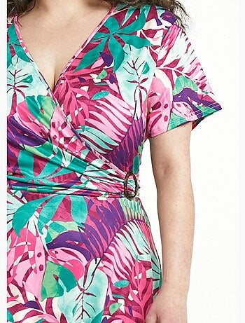 Vestido corto de escote en v con estampado exótico - afibel