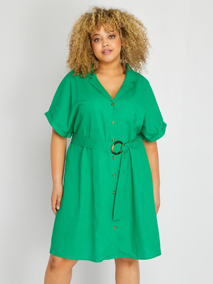 Vestido corto de lino con cinturón verde flúor - Kiabi