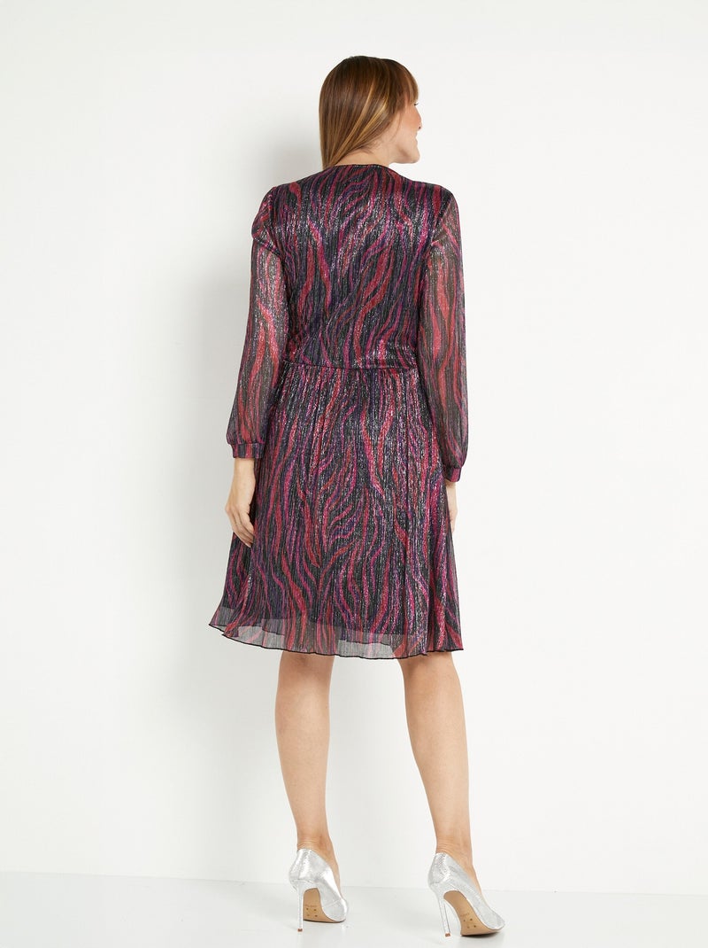 Vestido corto de malla plisada estampada - Afibel Negro Rosa - Kiabi