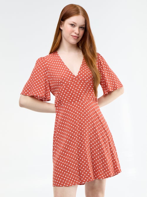 Vestido corto de manga corta con estampado de lunares - Kiabi