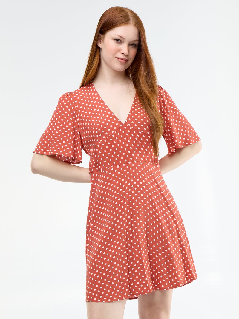 Vestido corto de manga corta con estampado de lunares Rojo - Kiabi