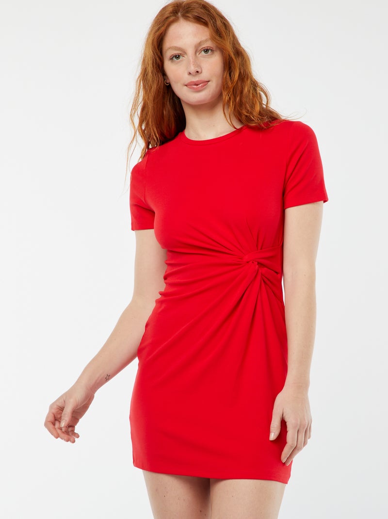 Vestido corto de manga corta efecto drapeado Rojo - Kiabi