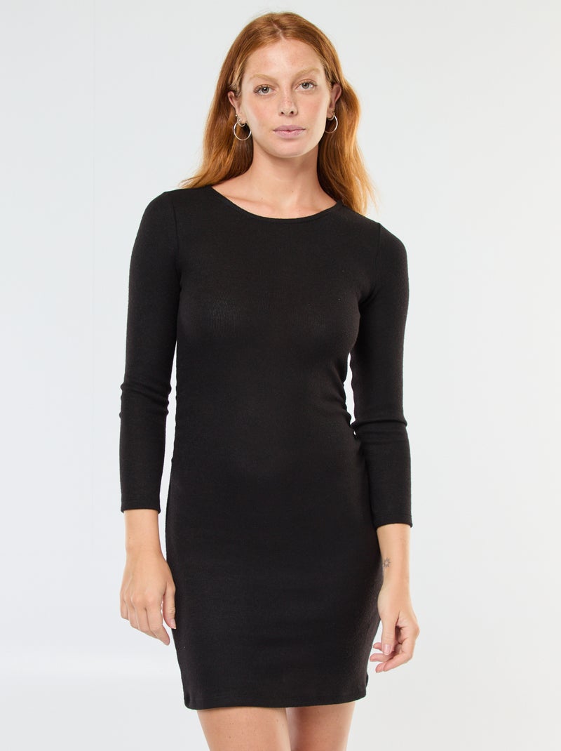 Vestido corto de manga larga en punto suave Negro - Kiabi