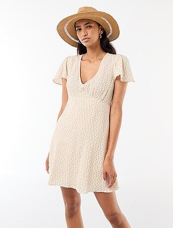 Vestido corto de mangas mariposa en algodón y lino