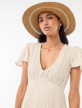 Vestido corto de mangas mariposa en algodón y lino