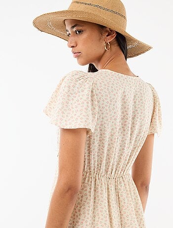 Vestido corto de mangas mariposa en algodón y lino