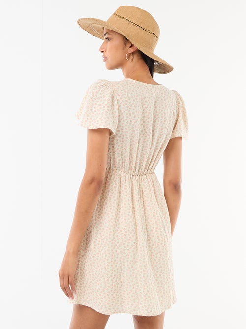 Vestido corto de manga mariposa en algodón y lino - Kiabi