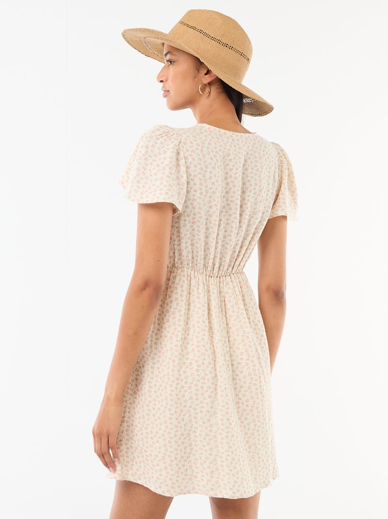 Vestido corto de manga mariposa en algodón y lino Blanco - Kiabi