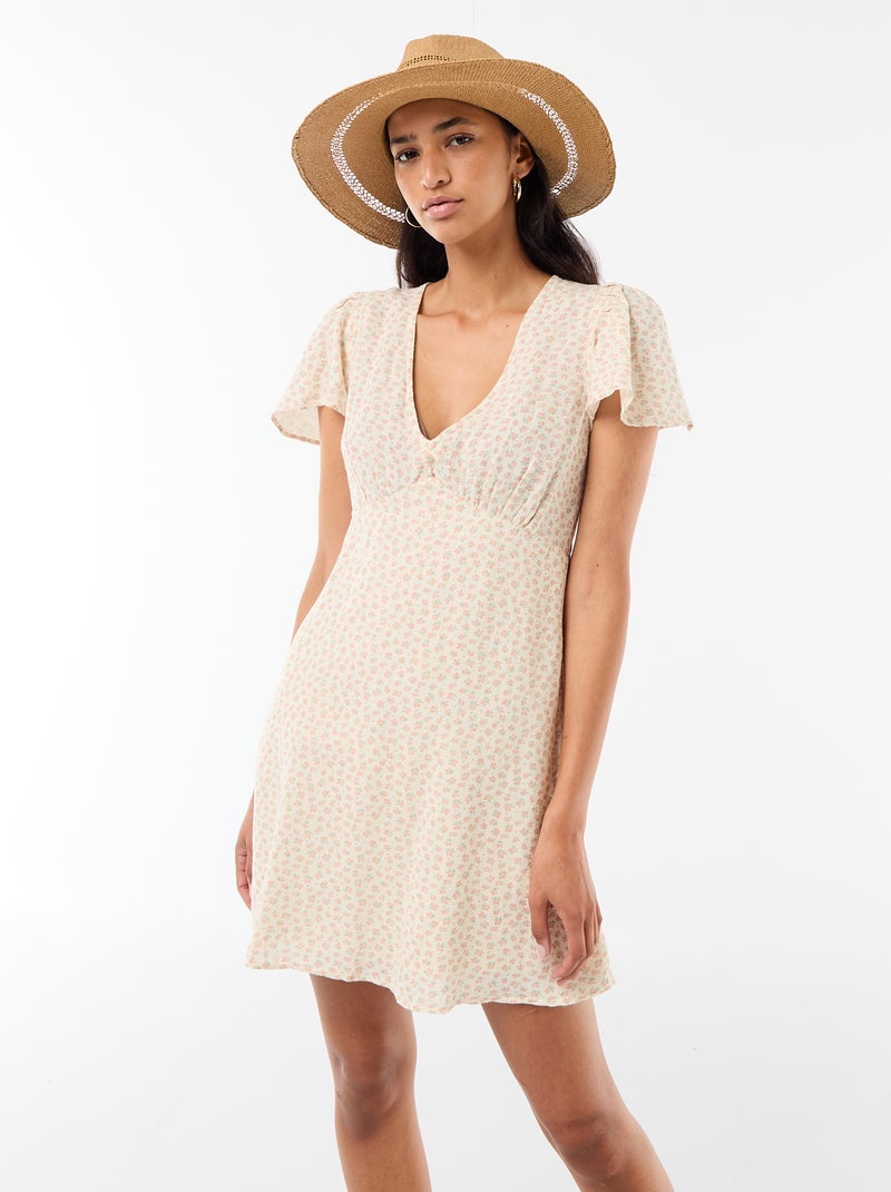 Vestido corto de manga mariposa en algodón y lino Blanco - Kiabi