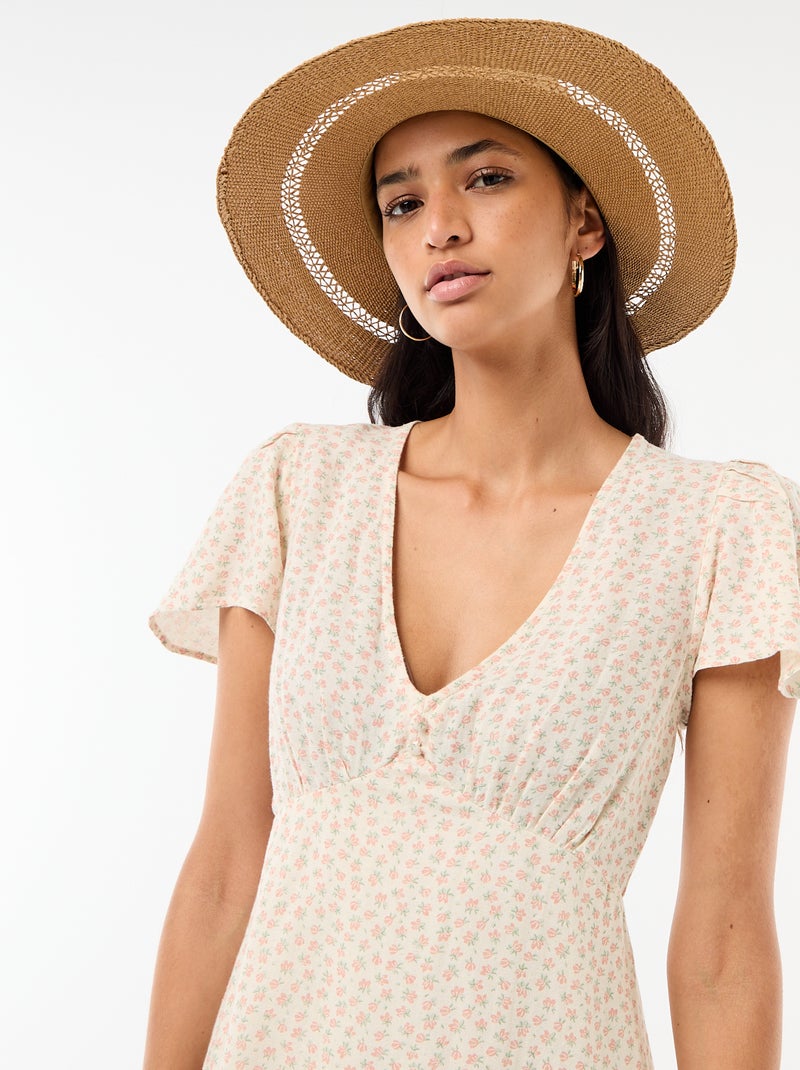 Vestido corto de manga mariposa en algodón y lino Blanco - Kiabi