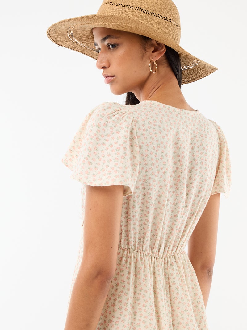 Vestido corto de manga mariposa en algodón y lino Blanco - Kiabi